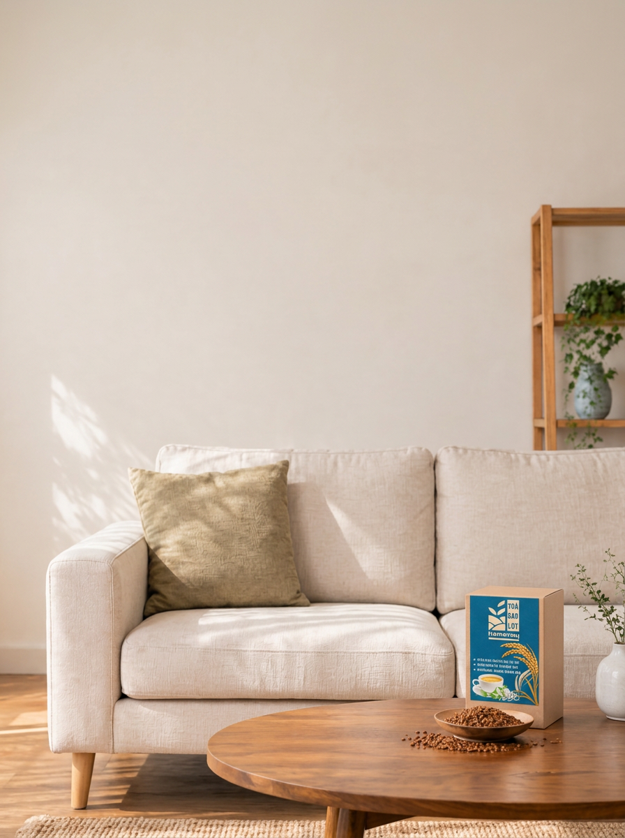 Khách hàng nâng ly trà gạo lứt rang Home Nay bên hộp sản phẩm trên bàn gỗ